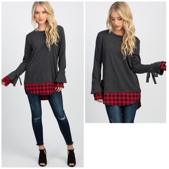 Pinkblush Sweaters - Pinkblush charcoal plaid sleeve tie sweater